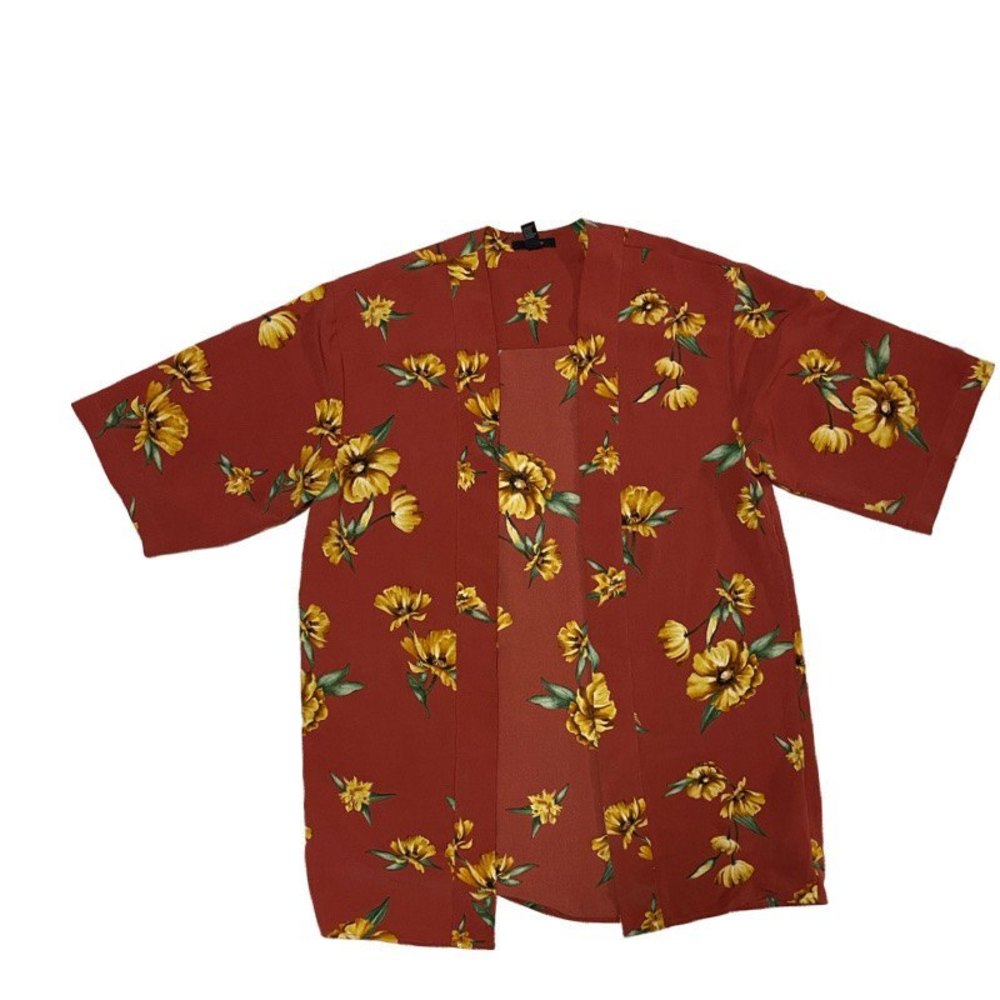 Forever 21 Orange Floral Kimono Size S Womens